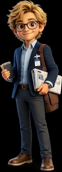 The Vermoon news agent, illustrated as a reporter with a notebook and newspapers