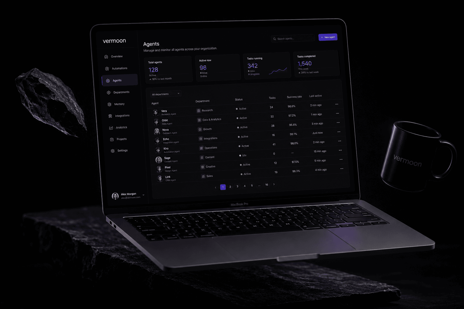 Vermoon agents dashboard on a laptop, listing each agent, its department and success rate