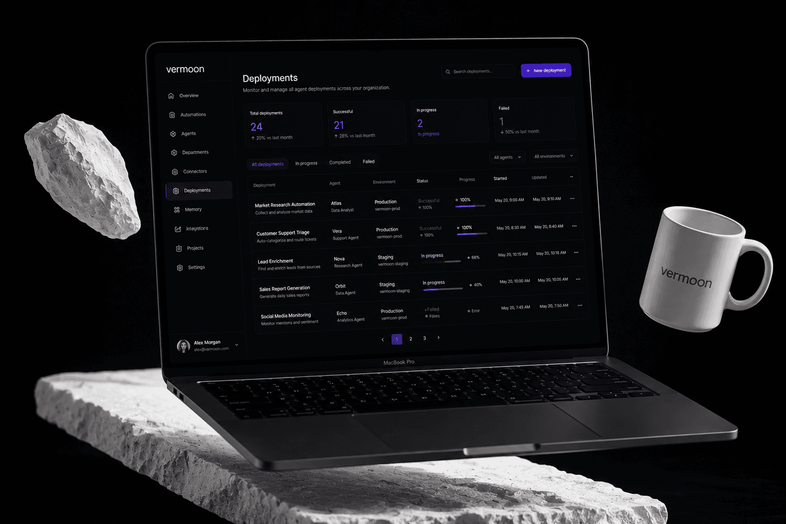 Vermoon deployments dashboard on a laptop, tracking each agent deployment as live and successful