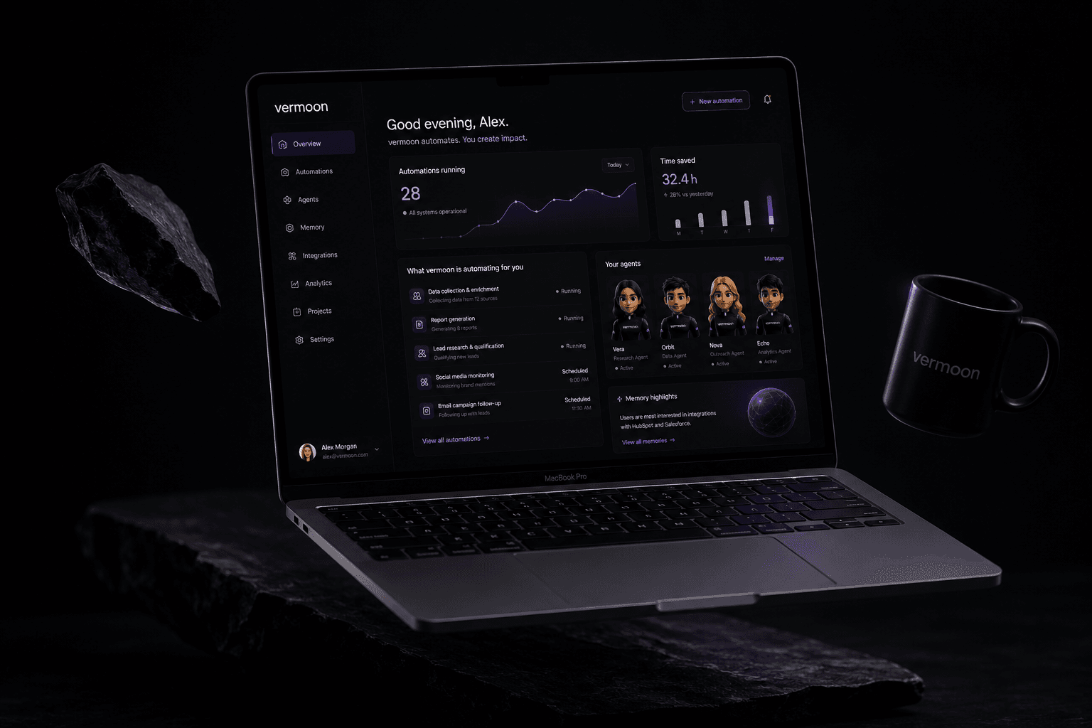Vermoon overview dashboard on a laptop, showing automations running and your team of agents