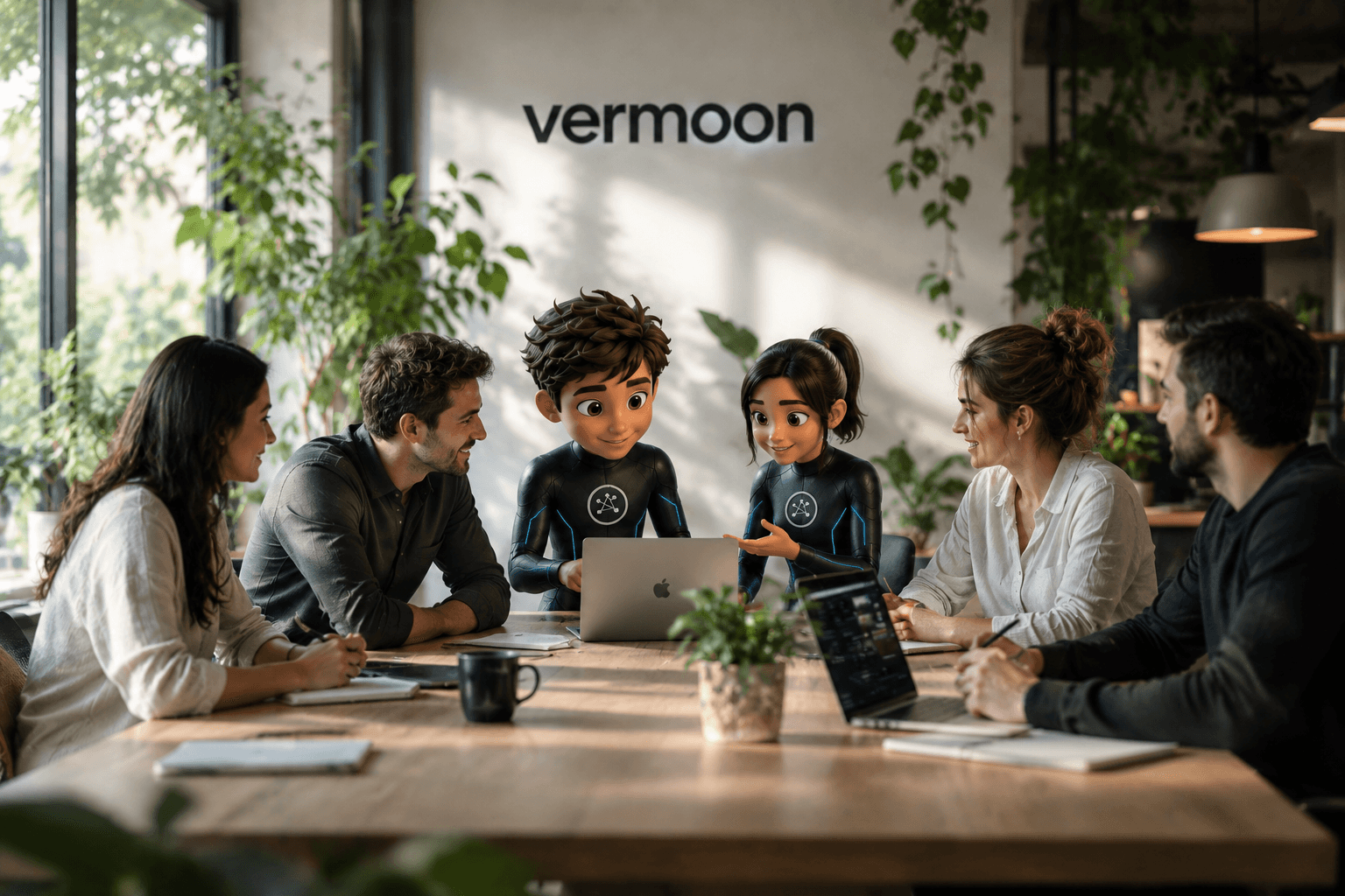 Vermoon AGI agents collaborating with a human team in front of the Vermoon wall logo